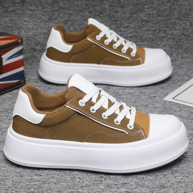 New Arrival Men Thick Sole Casual Shoes Patchwork Brown White Canvas Sneakers Comfort Non Slip Streetwear Skateboard Footwear