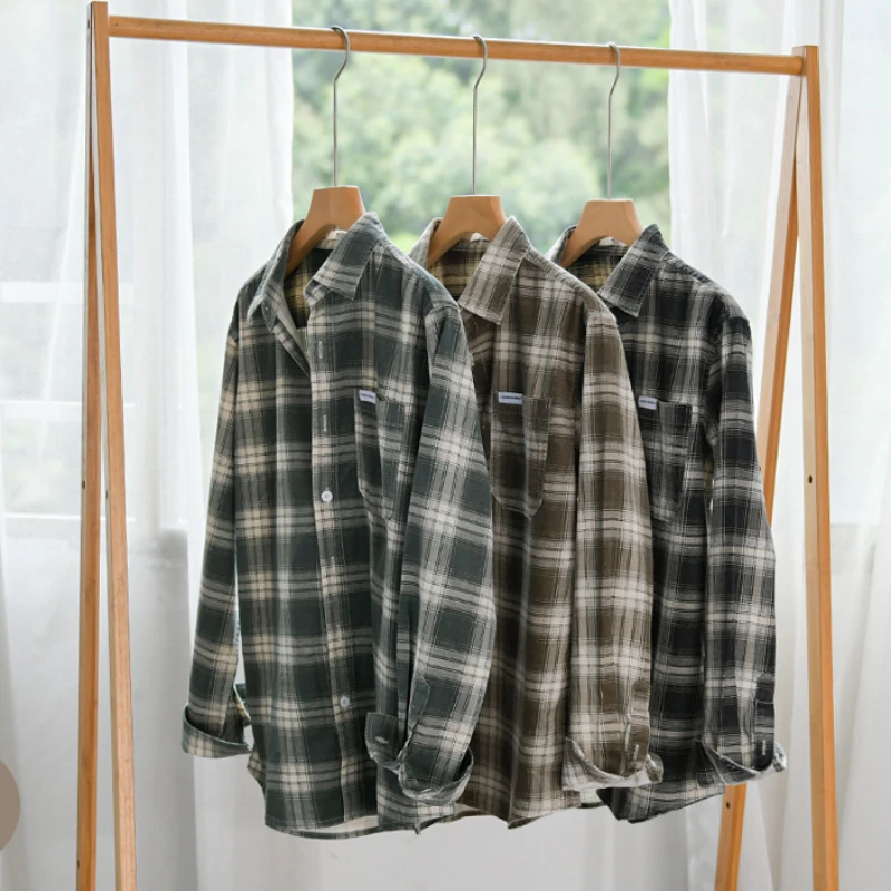 2024 Spring Autumn New Pure Cotton Casual Plaid Long Sleeve Shirts for Men Clothing Simple Soft Streetwear FY6105