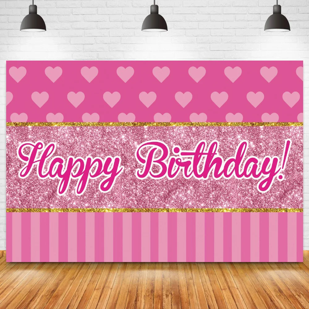

Pink Theme Happy Birthday Photo Background Girl Princess Newborn Baby Shower Party Backdrop Cake Table Banner Decor