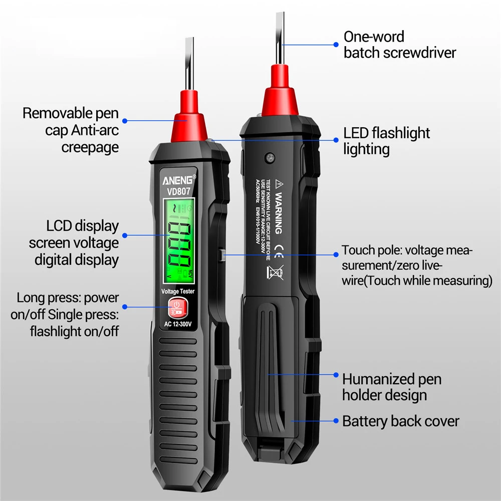 Czujnik NCV inteligentny pióro testowe indukcyjny VD807 bezkontaktowy Tester napięcia 50/60Hz AC 12-300V Tester detektora zerowego przewodu