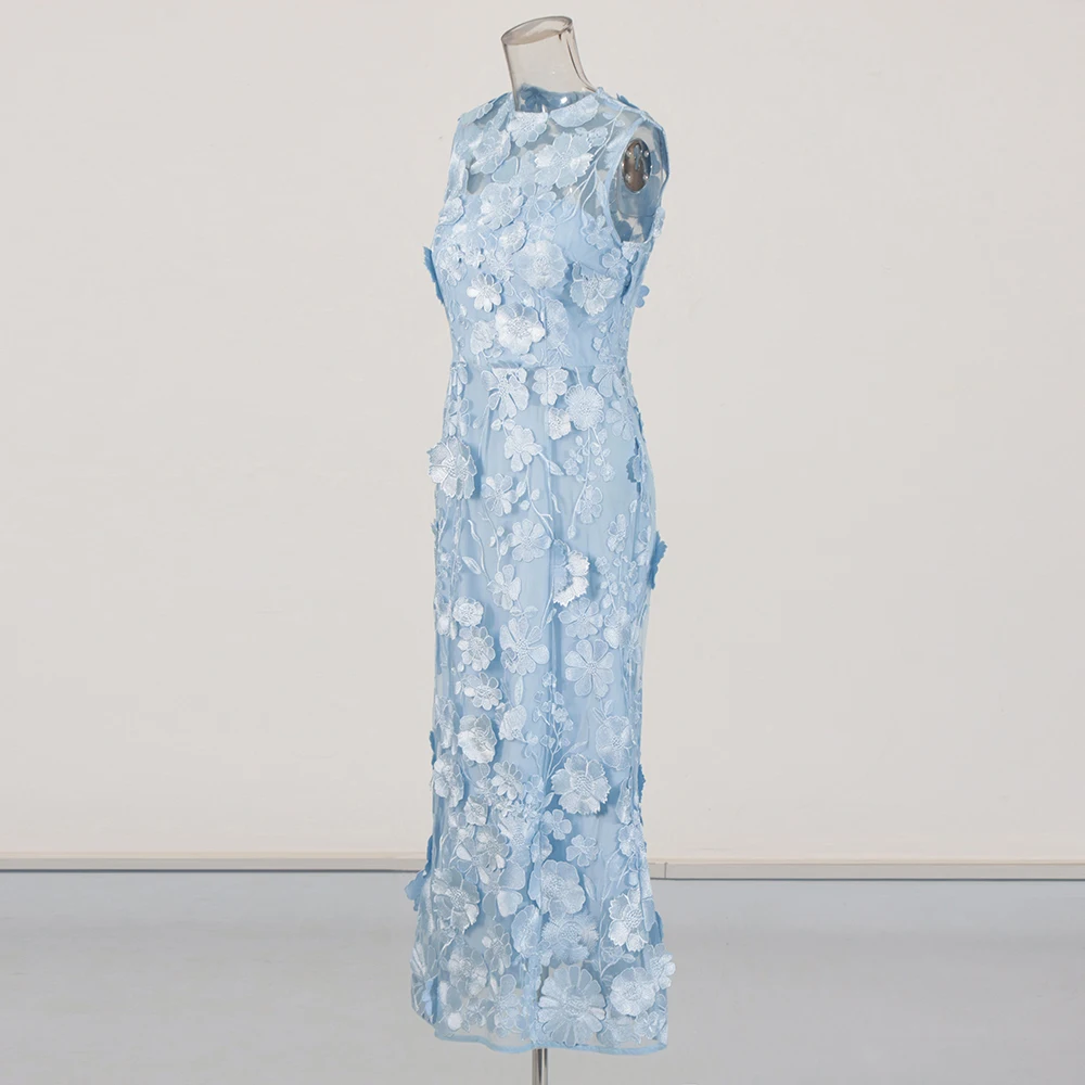 TWOTWINSTYLE Solide Abnehmen Verstärktes Applikationen Kleider für Frauen Rundhals Ärmellose Patchwork Sheer Temperament Kleid Weibliche Neue