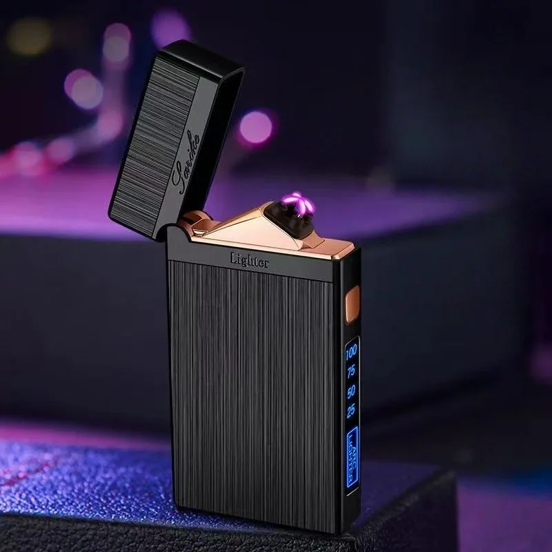 Metal Outdoor Electric Windproof Double Arc Lighter USB Rechargeable Plasma Flameless Touch Induction Power Display Lighter