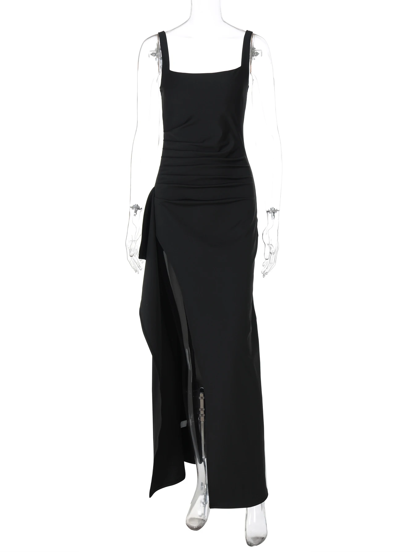 Hugcitar 女性エレガントなソリッドストラップスリットシャーリングパッチワークセクシーなボディコンマキシドレス夏服イブニングパーティー誕生日フェスティバル