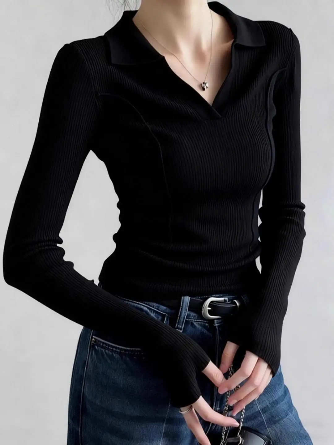 

Black Knitted Long Sleeve Shirt Women's Autumn Winter Base Layer Top Classy Collared Inner Wear French Style Medium Thic...