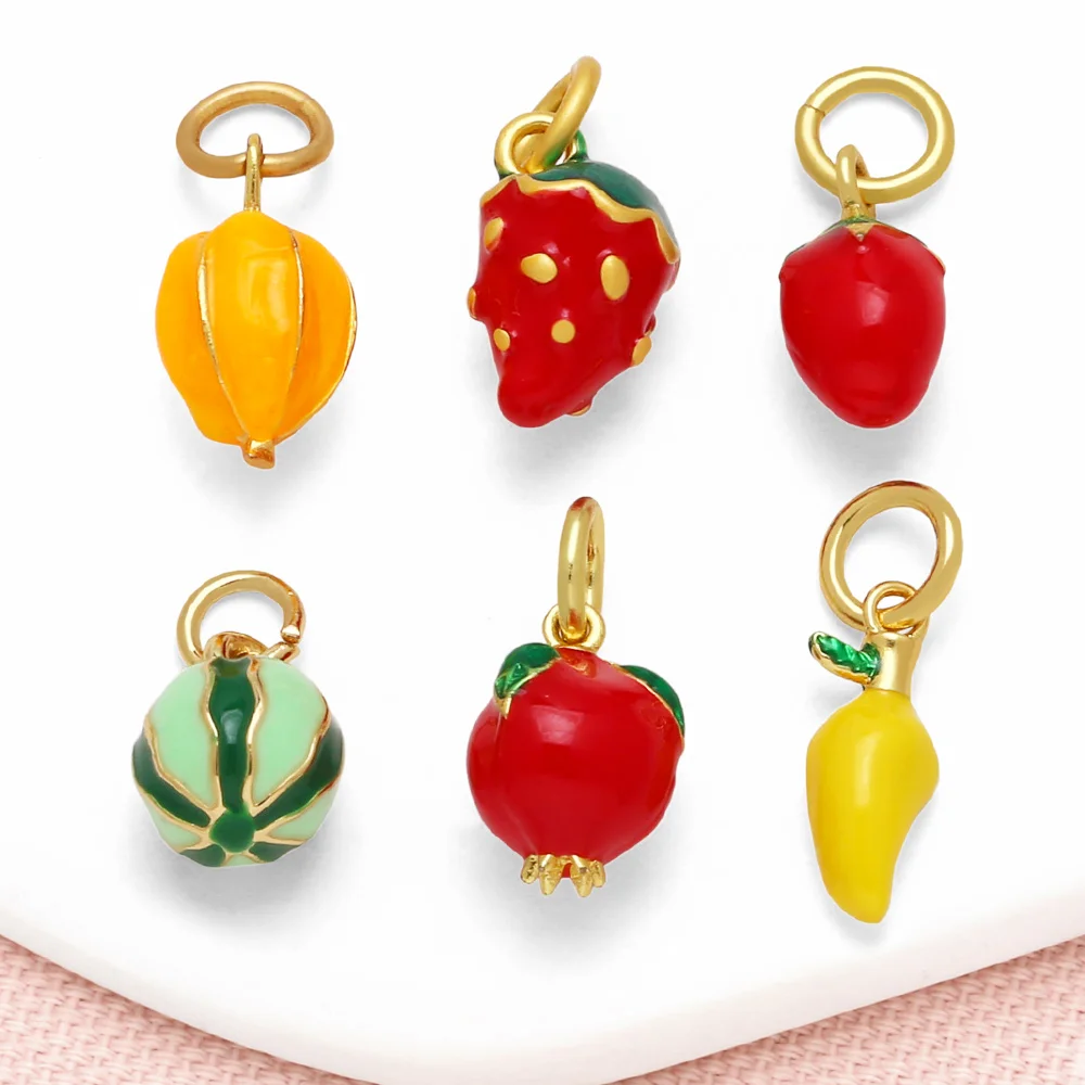 OCESRIO Small Red Enamel Strawberry Charms for Bracelet Copper Gold Plated Carambola Chili Jewelry Making Accessories chma327