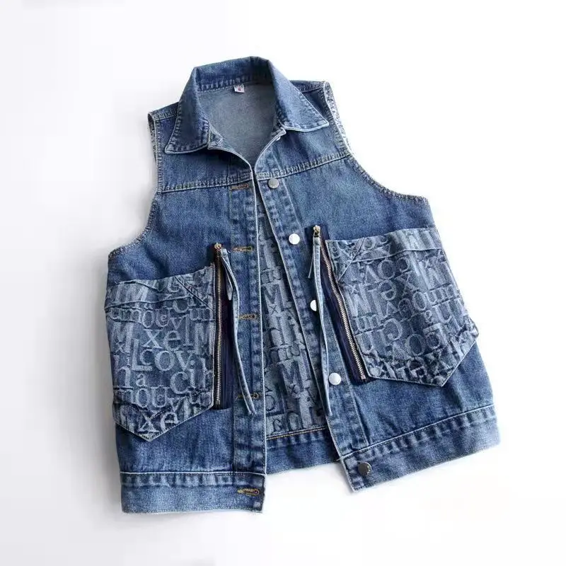 Fashion Denim Waistcoat Women 2023 Spring Autumn Trend Zipper Large Pocket Design Vest Jacket Loose Jean Vests Casual Coat Y2k