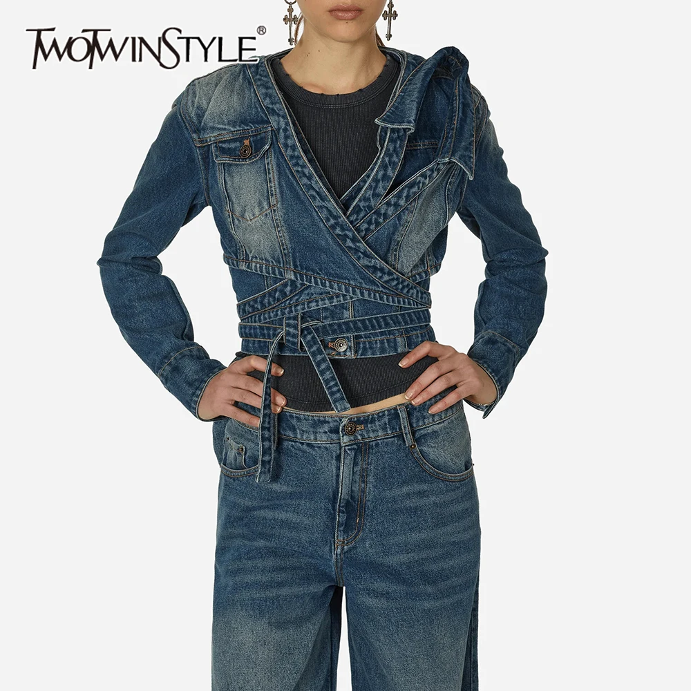 TWOTWINSTYLE Spliced Button Asymmetrical Slimming  Denim Coats For Women V Neck Long Sleeve Tunic Designer Coat Female Fashion