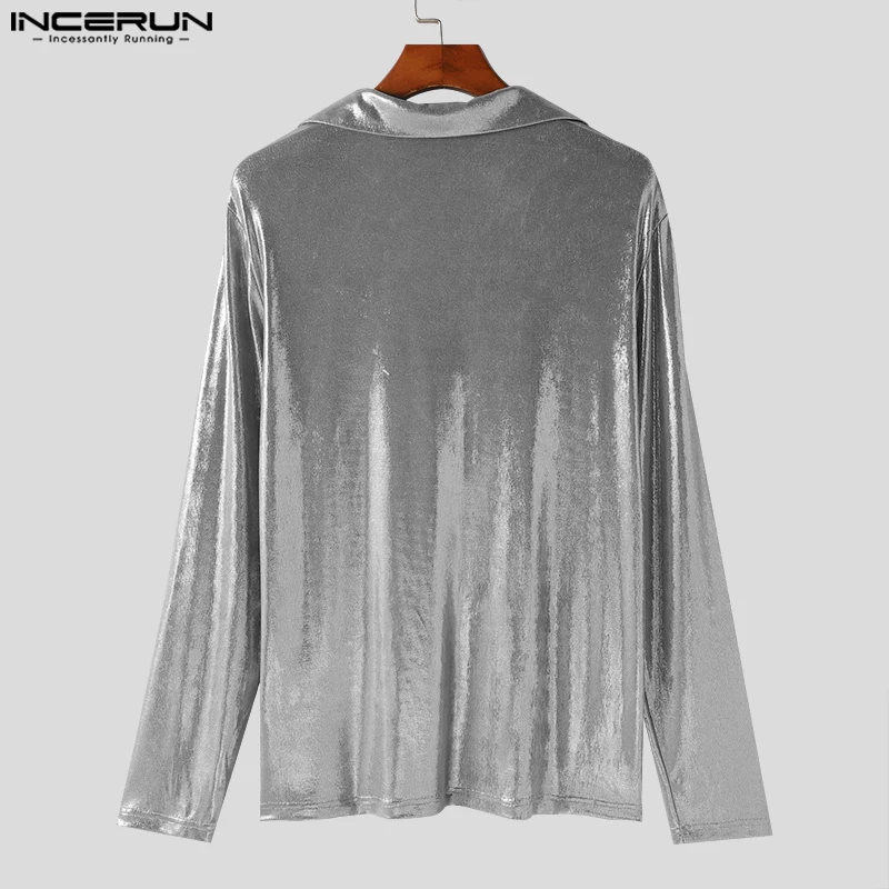 Fashion Party Shows Style Tops INCERUN Men\'s Large V-neck Glossy Fabric Shirts Casual Clubwear Male Long Sleeved Camiseta S-5XL