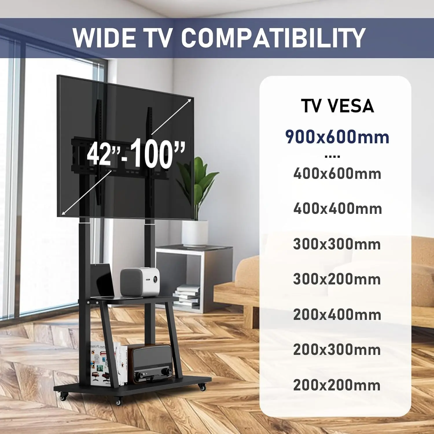 Rolling TV Stand,Mobile TV Stand Cart With Shelf For 42-100 Inch TV, Tall Portable TV Stand On Wheels,Hight Adjustable,Holds Up