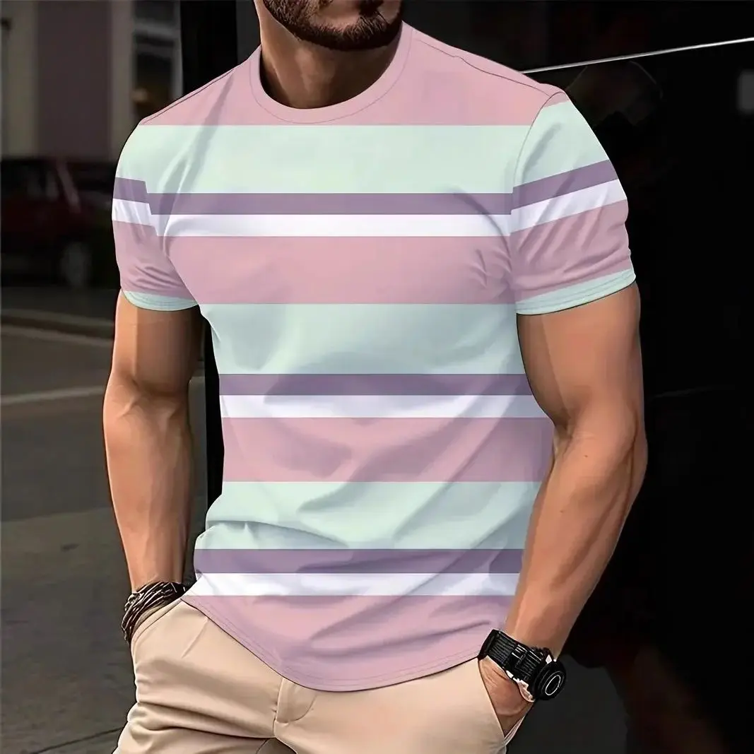 

2025 Men's Summer Street Men's 3d Striped Printed O-Neck Short-Sleeved T-Shirt Casual Daily Simple and Fashionable Clothing