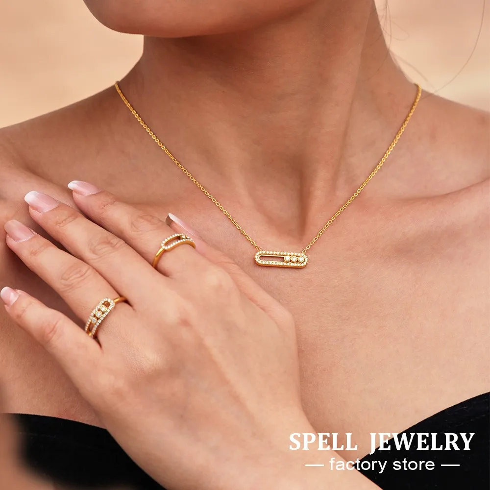 Naszyjnik łańcuszkowy pasujący pierścionek ze stali nierdzewnej 18-karatowe pozłacane z ruchomą cyrkonią wisiorek naszyjniki regulowane pierścionki dla kobiet