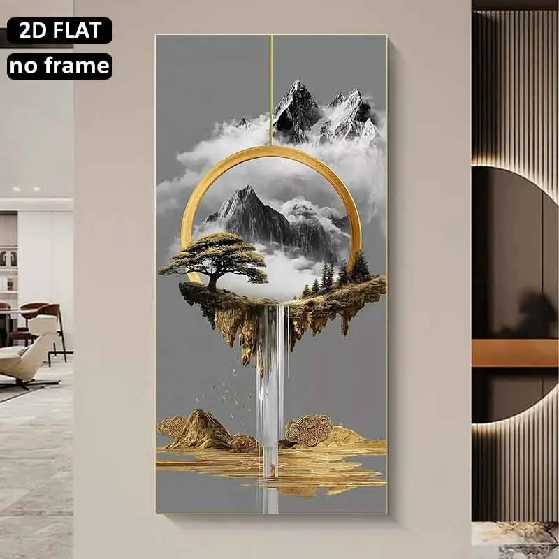[2D Plat] 1 pièce 60cmX120cm Peinture décorative sans cadre Majesté de la Nature Montagnes Arbres Cascade et Nuages dans un paysage