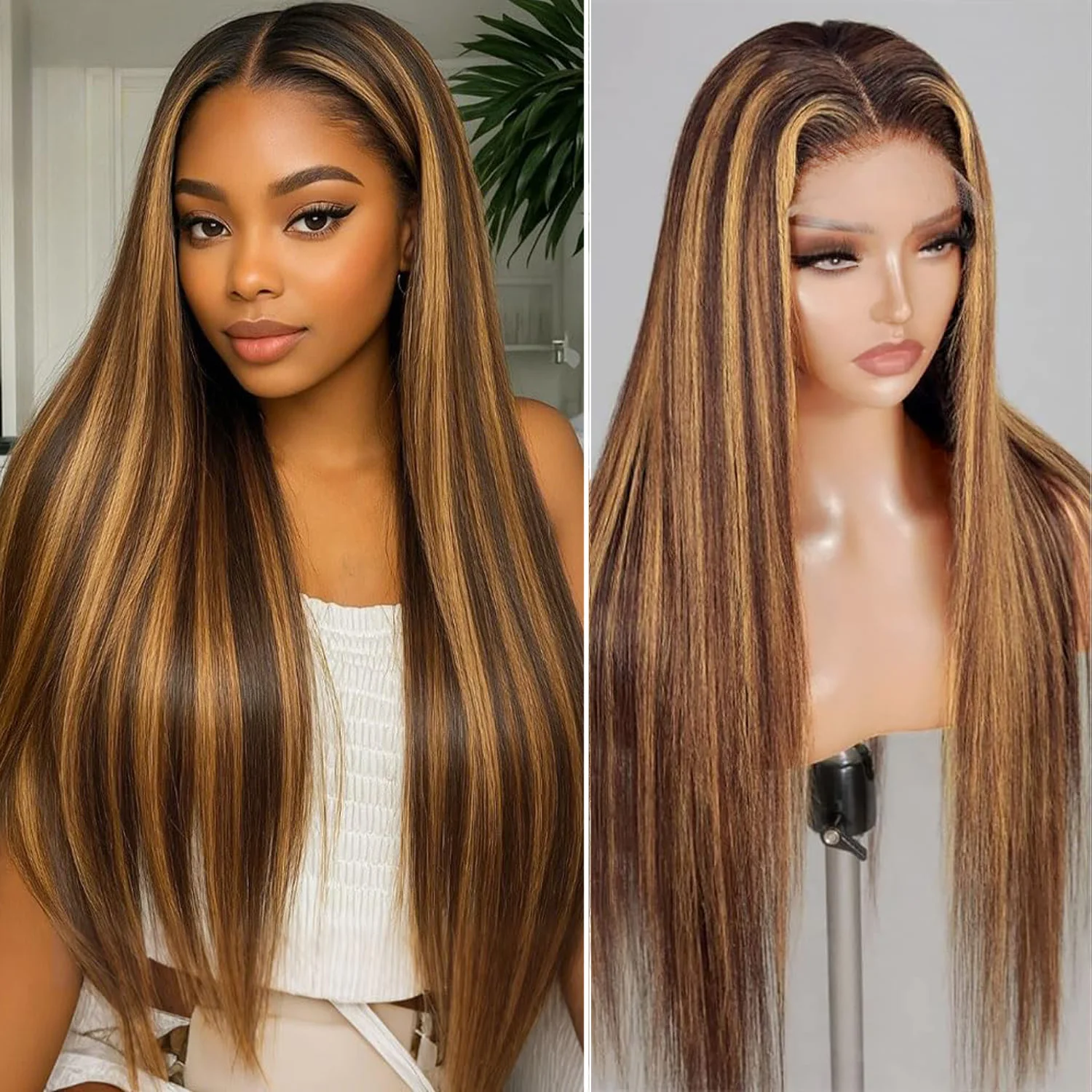 

427 Highlight Color Bone Straight 13x4 HD transparent Lace Frontal Human Hair Wig 200% Density Brazilian Straight Wigs For Women