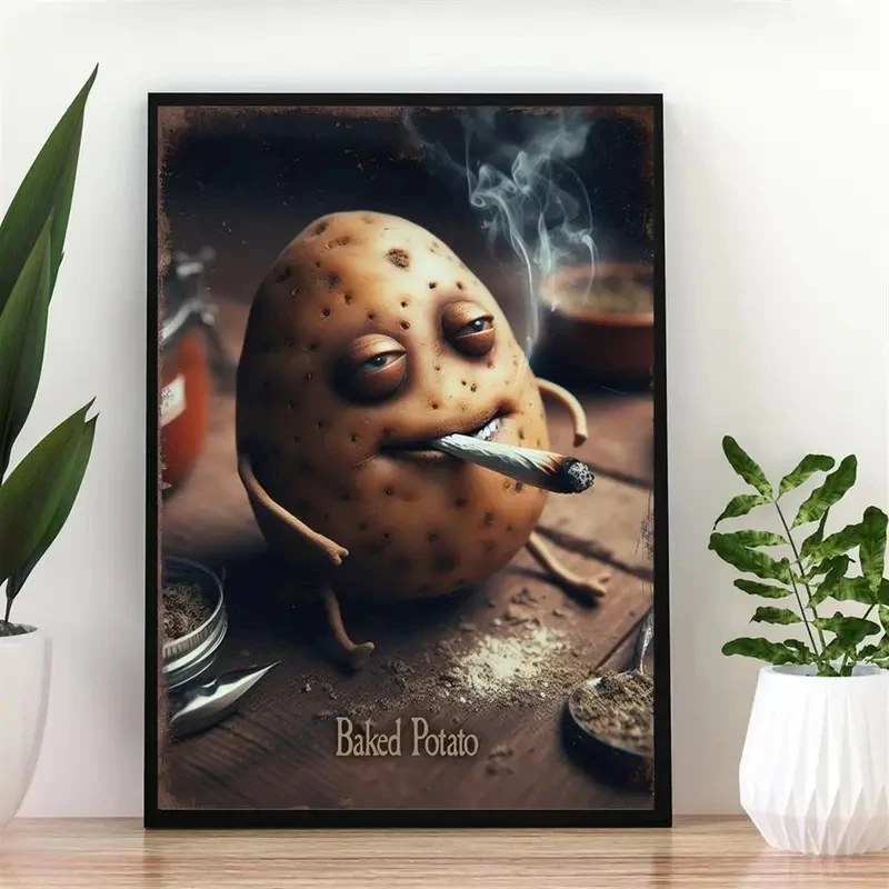 Modern Style Funny Baked Potato Canvas Prints Weird Smoking Cartoon Character Wall Art Posters for Living Room & Bedroom Deco