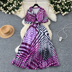 Retro Elegant summer asymmetrical print Dress sashes short Sleeve Vacation Party Women Vestidos dresses