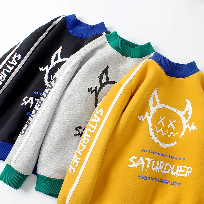Boys Fleece Lined High Neck Pullover Hoodie Korean Style Warm Long Sleeve Sweatshirt Winter T-shirt Top for Teenagers Kids