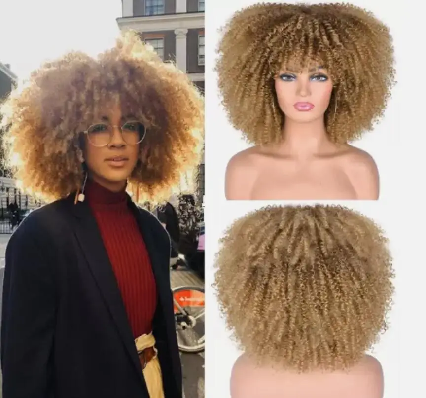 Curly Afro Wig with Bangs Short Kinky Curly Wigs for Black Women Cosplay Daily