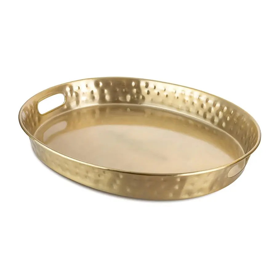 

Serving Tray with Handles 17Inch Hand Hammered Metal Platter for Living Room, Brushed Gold Finish Large Ottoman Tray Accent for