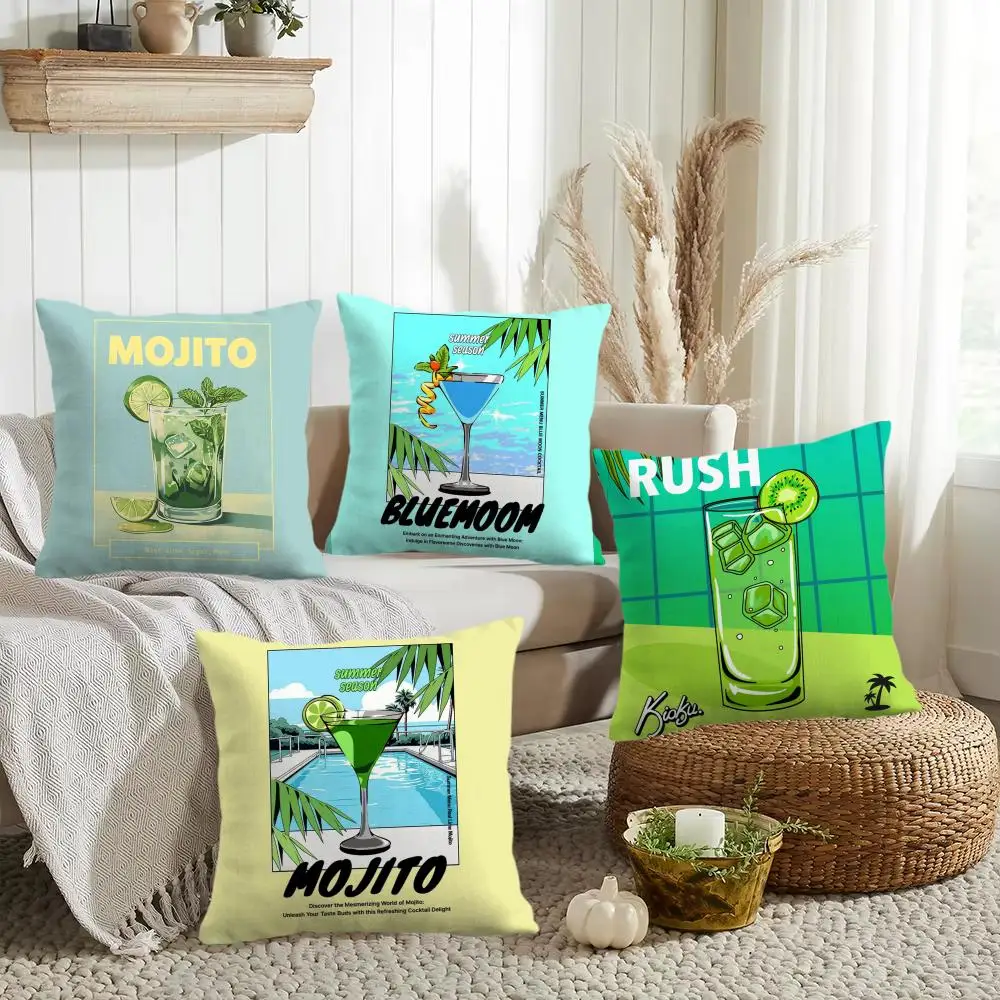 Art Mojito Cocktail Cushion Cover Double-Sided Printed Organic Linen Pillow Cover, Decorative for Sofa Home