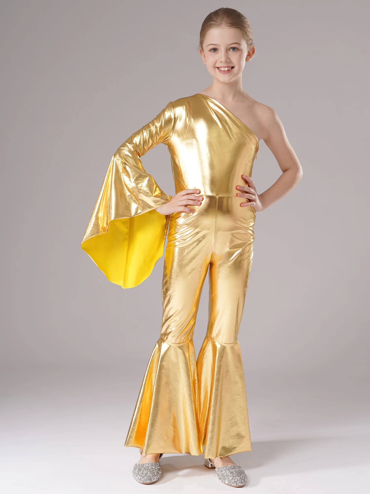 Kids Girls Metallic Dance Jumpsuit Theme Party 70s Hippie Costume One Shoulder Shiny Bell-Bottom Fashion Children's Bodysuit
