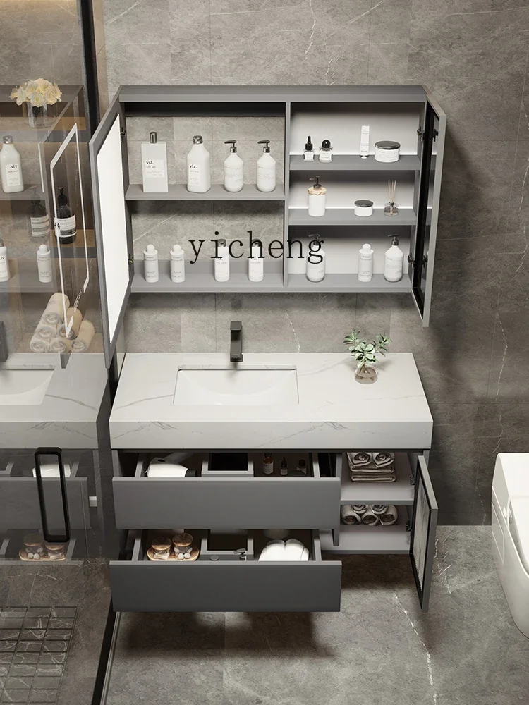 b4 Stone Plate Ceramic Basin Multi-Layer Solid Wood Gray Modern Minimalist Bathroom Cabinet Combination
