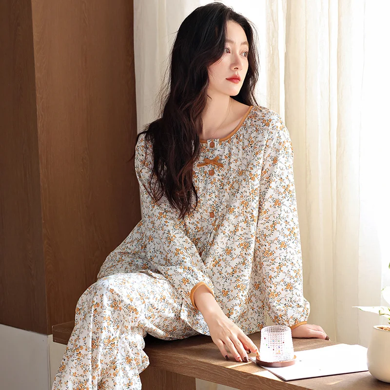Women Girl Pure Cotton 26 Spring Autumn Long-sleeve Pants Pajama 2piece Set Simple Casual Loose Soft Nightwear Sleepwear