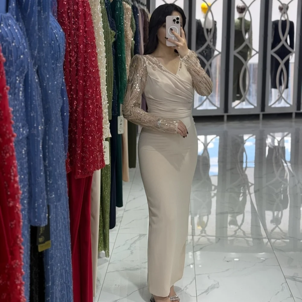 

Customized Modern Style Matching Jersey Sequined Ruched Mermaid V-neck Ankle Length Dresses Bespoke Occasion Dresses Intricate