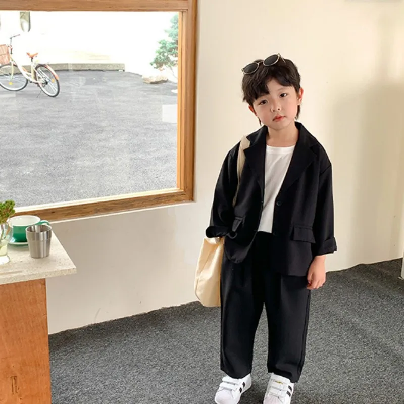 Boys Coat+Pants Kids Suits Tracksuit 2PCS/Set 2023 Black Spring Autumn Cotton Outfits Jogging Suit Children Clothing