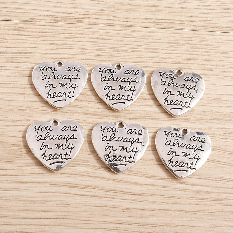 Tusember 10Pcs Metal Hearts Charms You Are Always In My Heart Pendant Handmade Necklaces Earring Keychain Craft DIY Supply