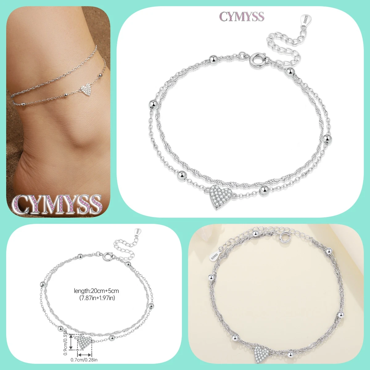 Women's 925 Silver Zircon Anklet, Gold Color