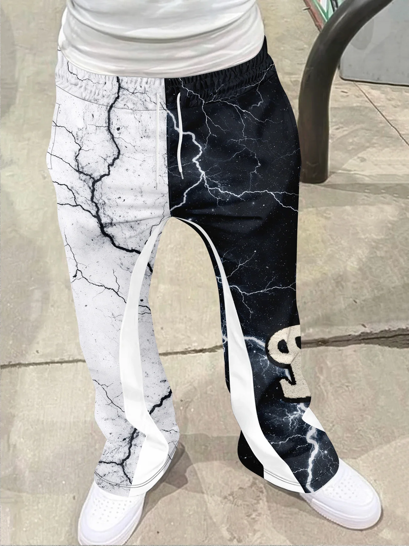 

Fashion Charm Heat TransferMen's Casual Street Style Trendy Cross Print Fashionable Slightly Flared Black And White Color-Block