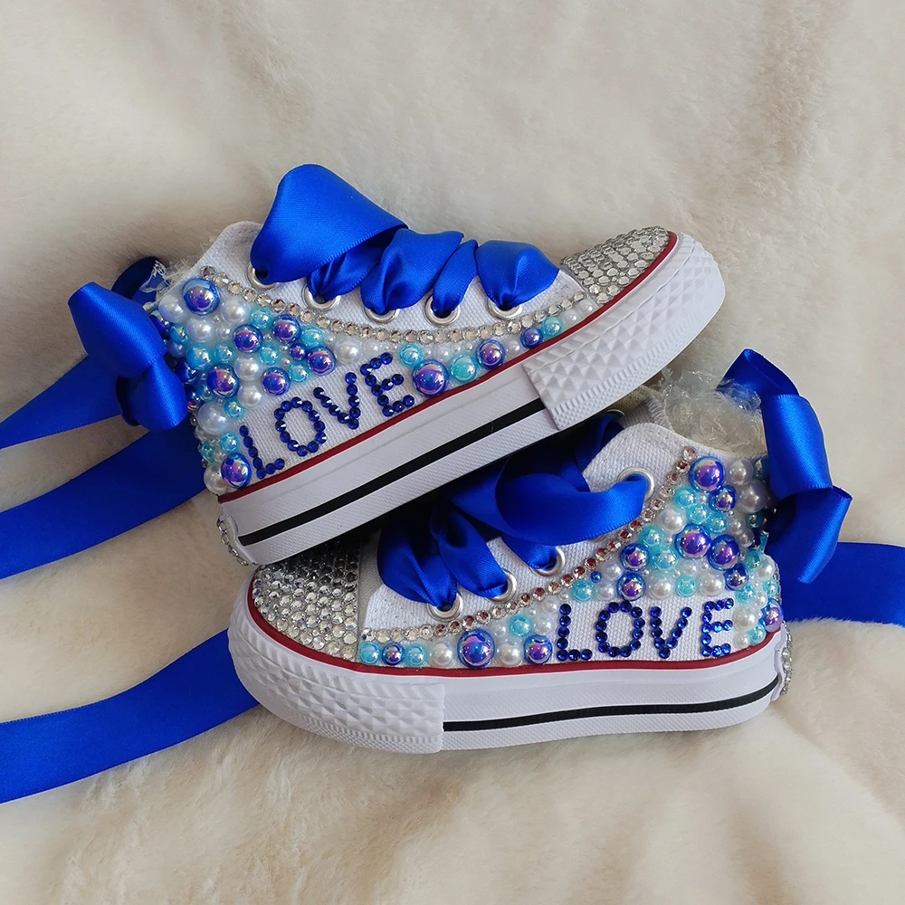 Christmas Handmade Name Custom Design Rhinestones Girls Womens Kids And Mother Canvas Shoes Pearls Sneakers For Birthday Party