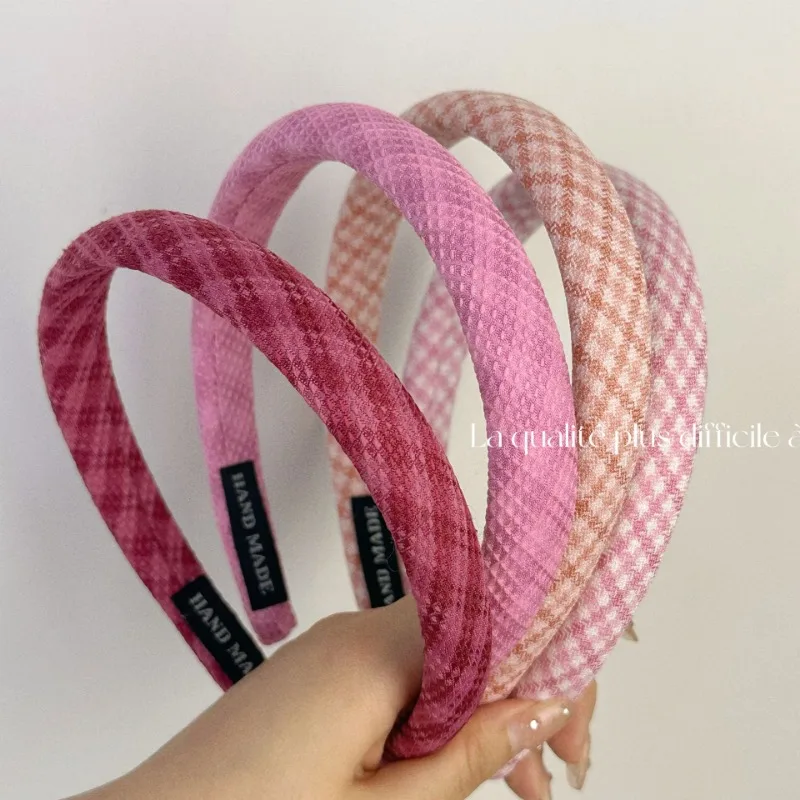 Sweet pink plaid hair hoop women with high skull top pressure hair headband versatile going out girl heart hair clip Headwear