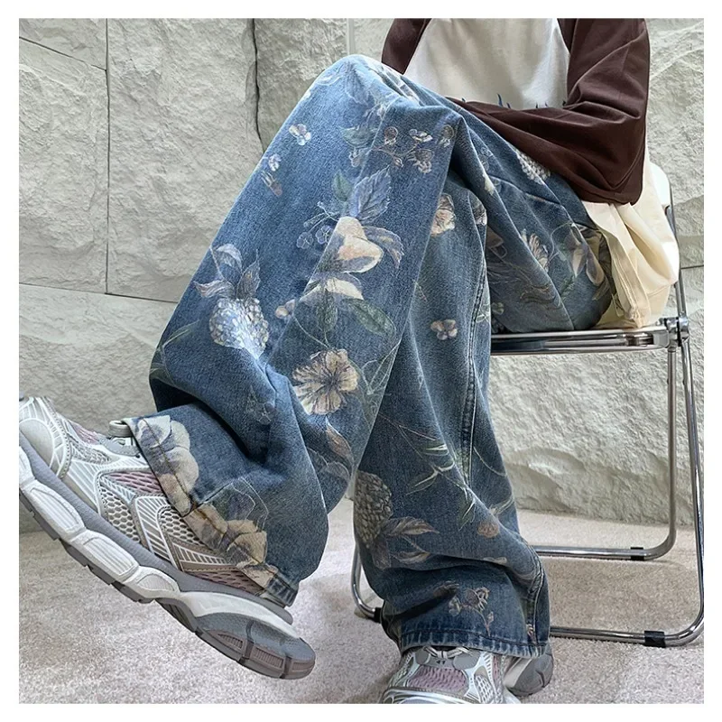 Autumn New Fashion Printed Wide Leg Jeans Men's Street Vibe Style Loose Casual Pants American Couple Baggy Pants Men Clothing