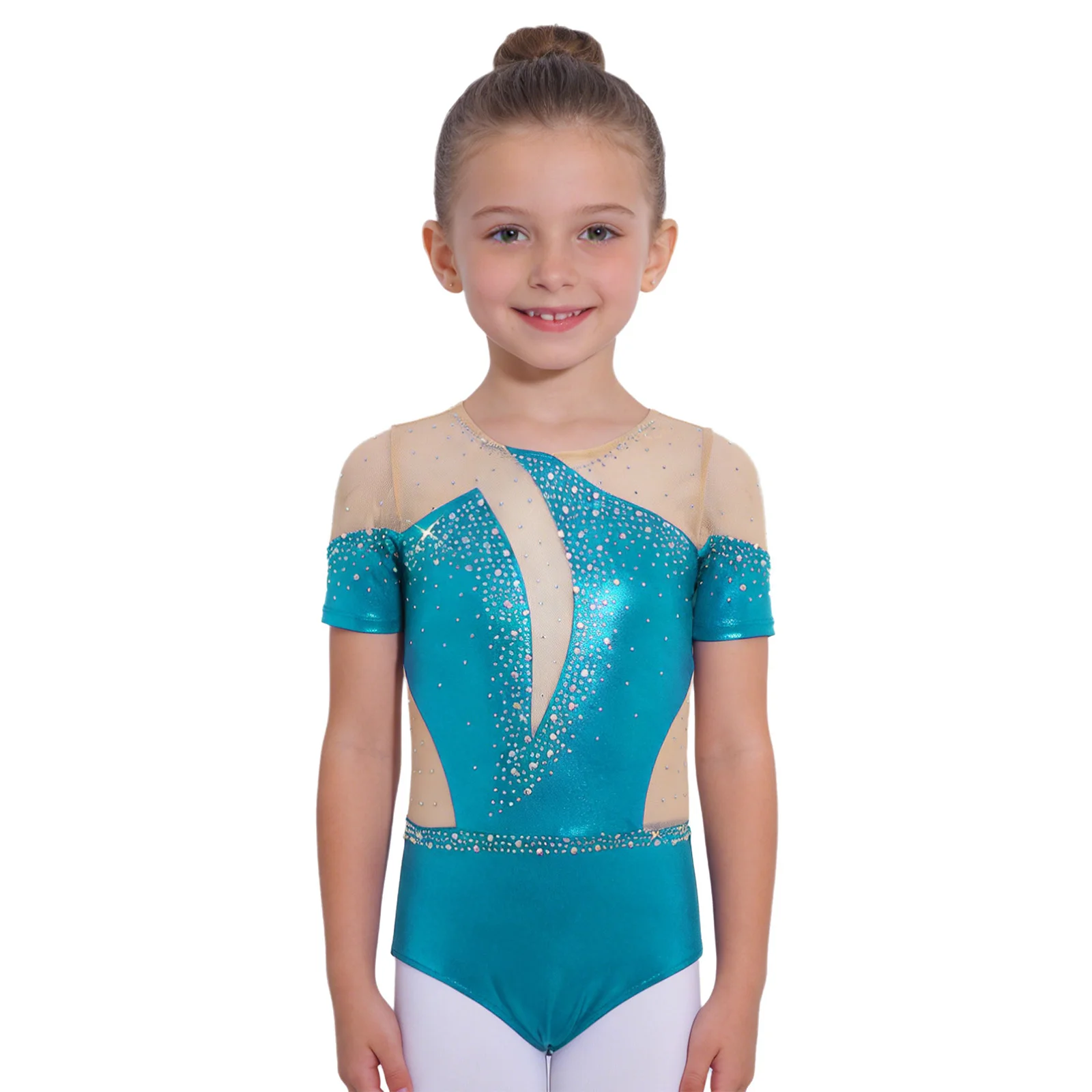 

Kids Girls Figure Skating Dance Leotard Short Sleeve Cutout Back Sheer Mesh Patchwork Rhinestones Gymnastics Ballet Bodysuit