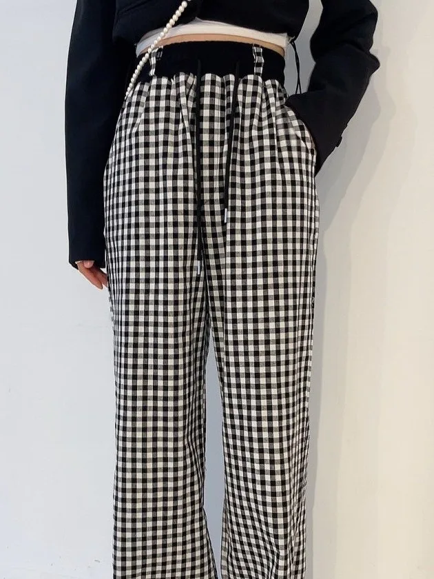 Retro High Waist Plaid Wide Leg Pants Women's Chic Loose Versatile Youthful Casual Trousers Korean Sle Autumn Season