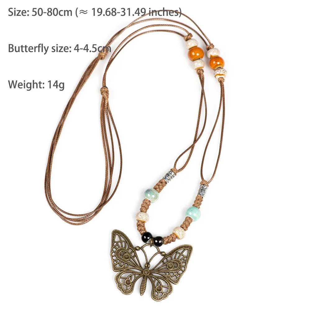 Vintage Bohemian Ethnic Style Handmade Braided Butterfly Necklace, Ceramic and Alloy Materials 2X839C