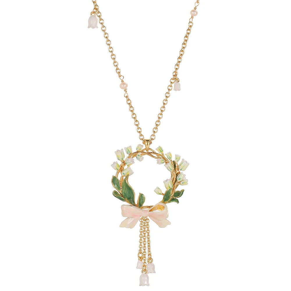 

1Pc Exquisite Luxury Enamel Pink Rose Bow Pendant,Lily Of The Valley Long Tassel Necklace Wreath Clavicle Chain,Christmas Gift