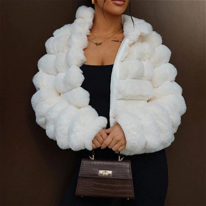 Women Faux Rabbit Fur Coats Solid Short Jackets Long Sleeve Stand Collar Zipper Thick Slim Fit Elegant Casual 2026 Autumn Winter