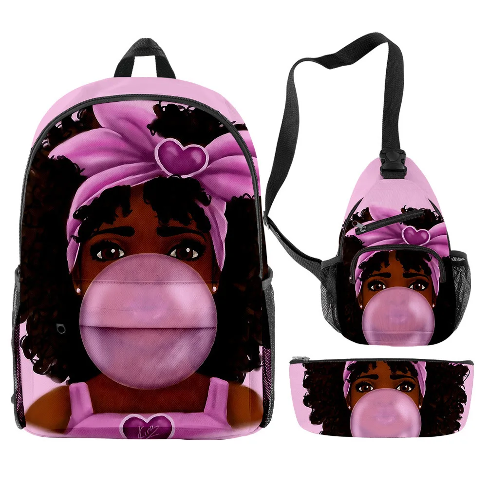 2024 Classic Novelty Funny African Girl 3D Print 3pcs/Set pupil School Bags Travel Laptop Backpack Chest Bag Pencil Case