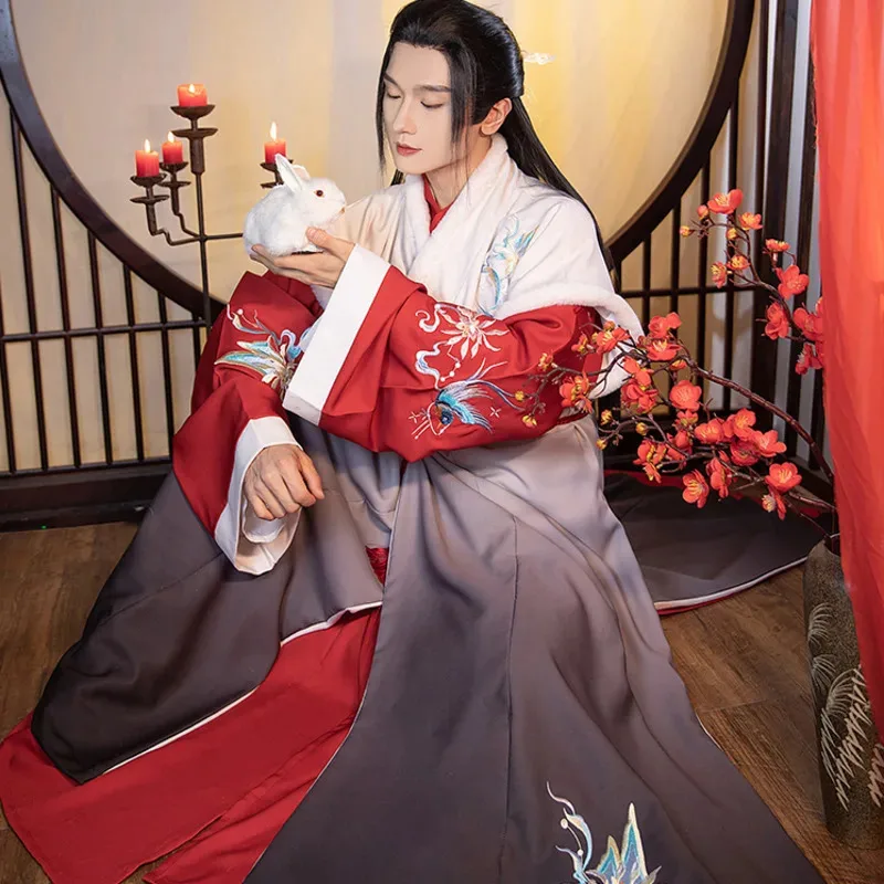 

Новое оригинальное красно-синее платье ханьфу, мужской традиционный костюм с перекрестным воротником и вышивкой, винтажный костюм ночного фехтовальщика, косплей1; s'6, y; 9'b,5;