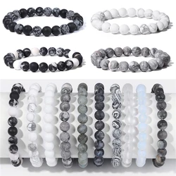 8mm Black White Natural Stone Bracelet Handmade Matte Opal Beaded Bracelets Energy Yoga Male Bracelet for Men Women Jewelry Gift