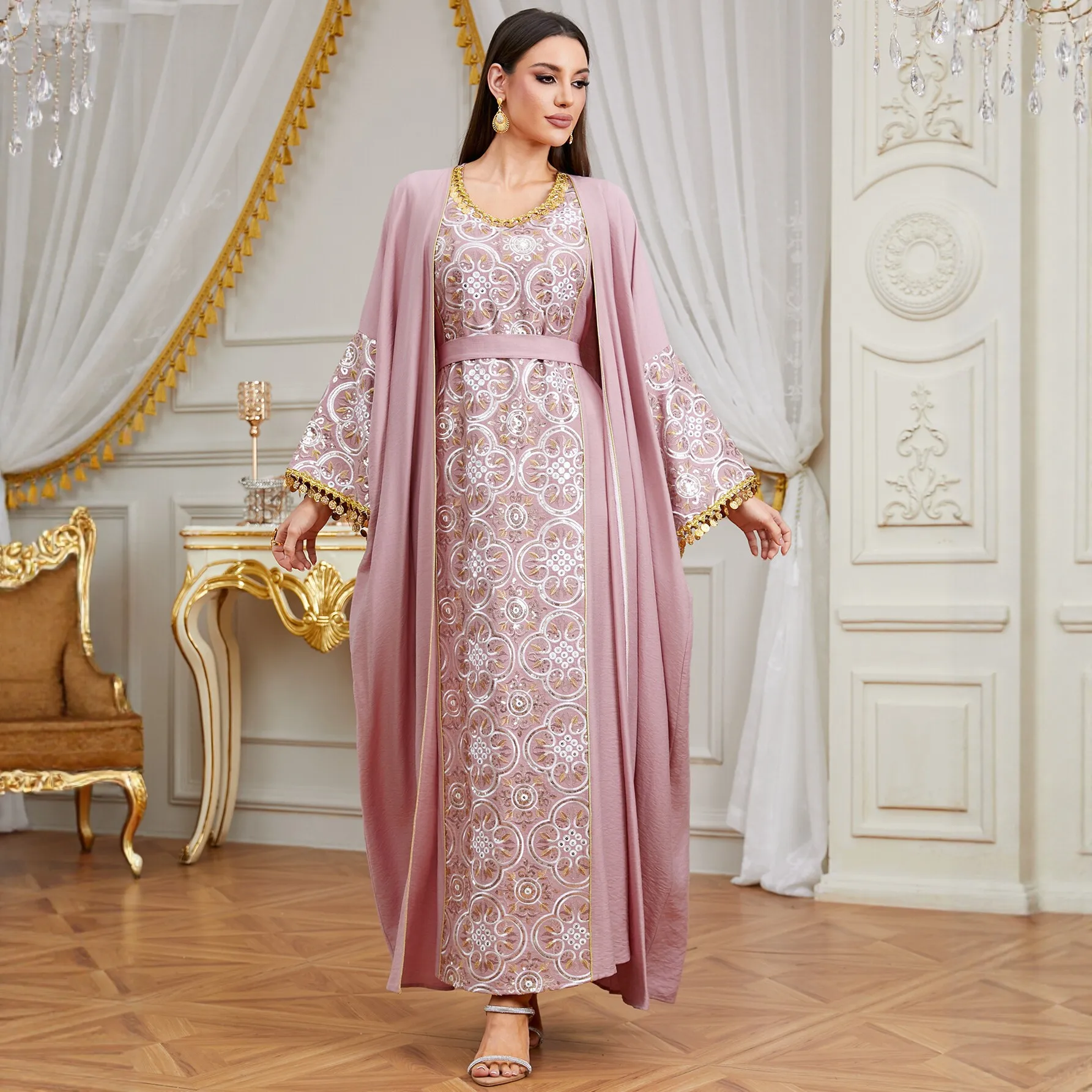 

Elegant Muslim Abaya for Women 2 Piece Set Kimono Caftan Party Dress Kimono Robe Vestido Kebaya Eid Djellaba Islam Jalabiya Gown