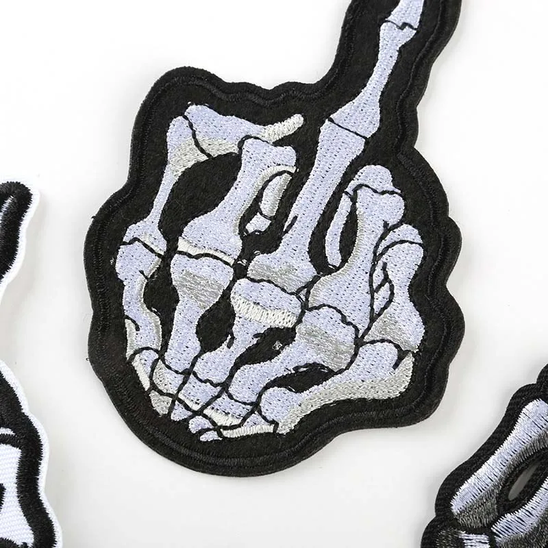 12 Stück/Schwarze Stoff-Applikationen Punk-Patches Thermoklebende Totenkopf-Geisterfinger-Stickereien Aufbügelbare Aufkleber für Kleidung, Jacken – Detail 12