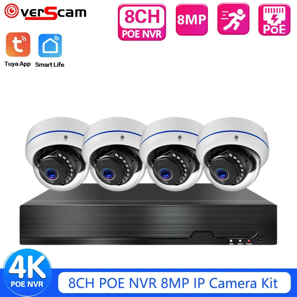 

Умная 8-канальная система видеонаблюдения Tuya 4K POE NVR Kit H.265 с функцией распознавания лиц, уличная 8-мегапиксельная камера видеонаблюдения POE, комплект