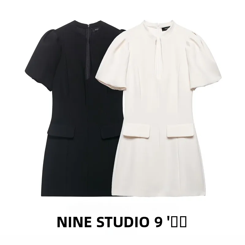 

Женское короткое платье NINE ZAR с круглым вырезом, рукавами-фонариками, облегающее, с завышенной талией, из полиэстера, для повседневной носки в городском стиле