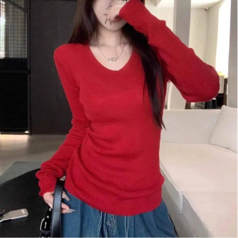 女性用長袖ニットセーター,Uネック,フレンチスタイル,柔らかな肩,裏地付き,スリムなトップス,新しいスタイル