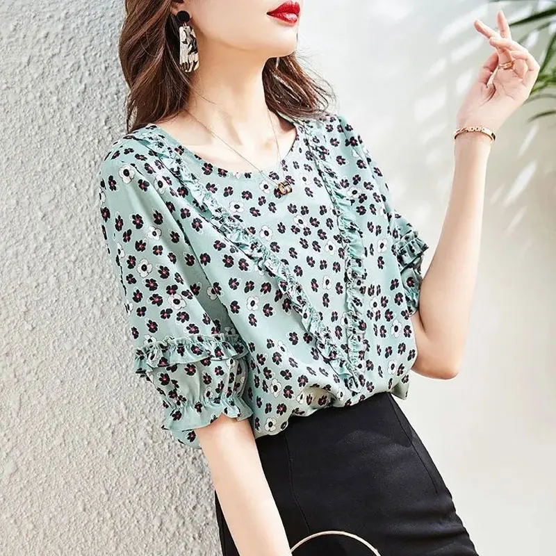 Office Lady Fashion Round Neck Blouse Summer Floral Printed Korean Edible Tree Fungus Spliced Loose Female Clothing Casual Shirt