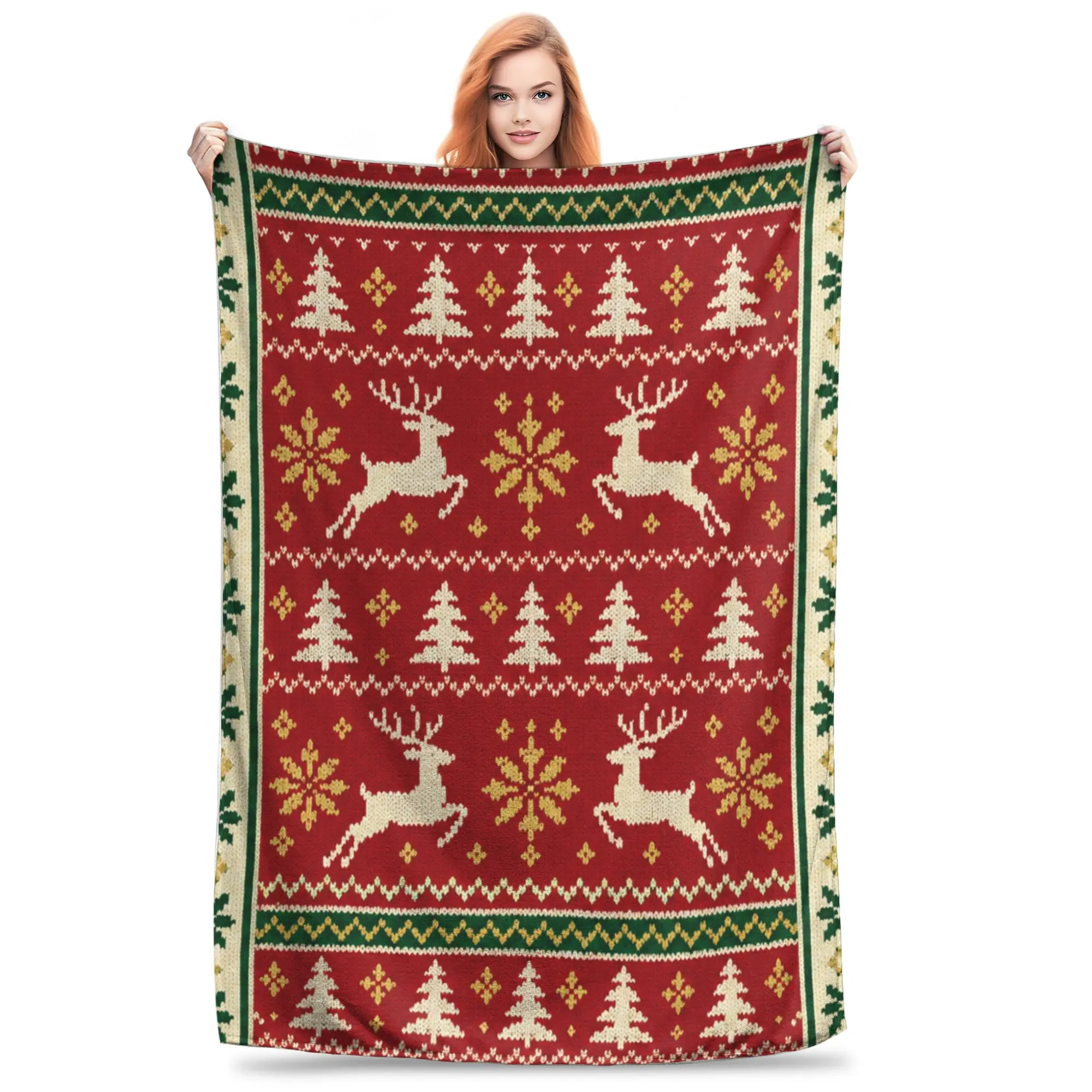 1PC red green reindeer snowflake sweater Cozy Christmas Quilt Print  Winter Blankets for Adults Bedding Home Interior Sofa Knee