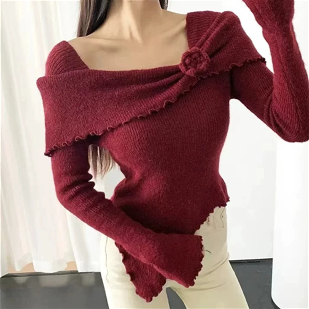 2026 Spring Autumn Women Slim Floral Pullovers Knitwear Female Slash Neck Irregular Sweater Long Sleeve Knitted Basic Short Tops